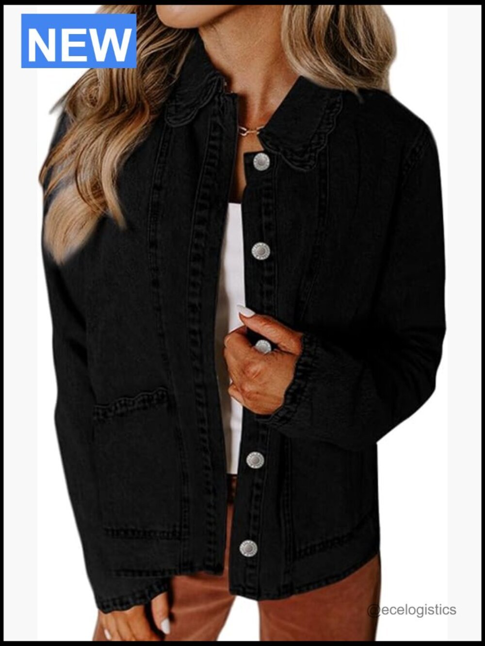Long Sleeve Button Down Ruffled Denim Jacket Shacket Women